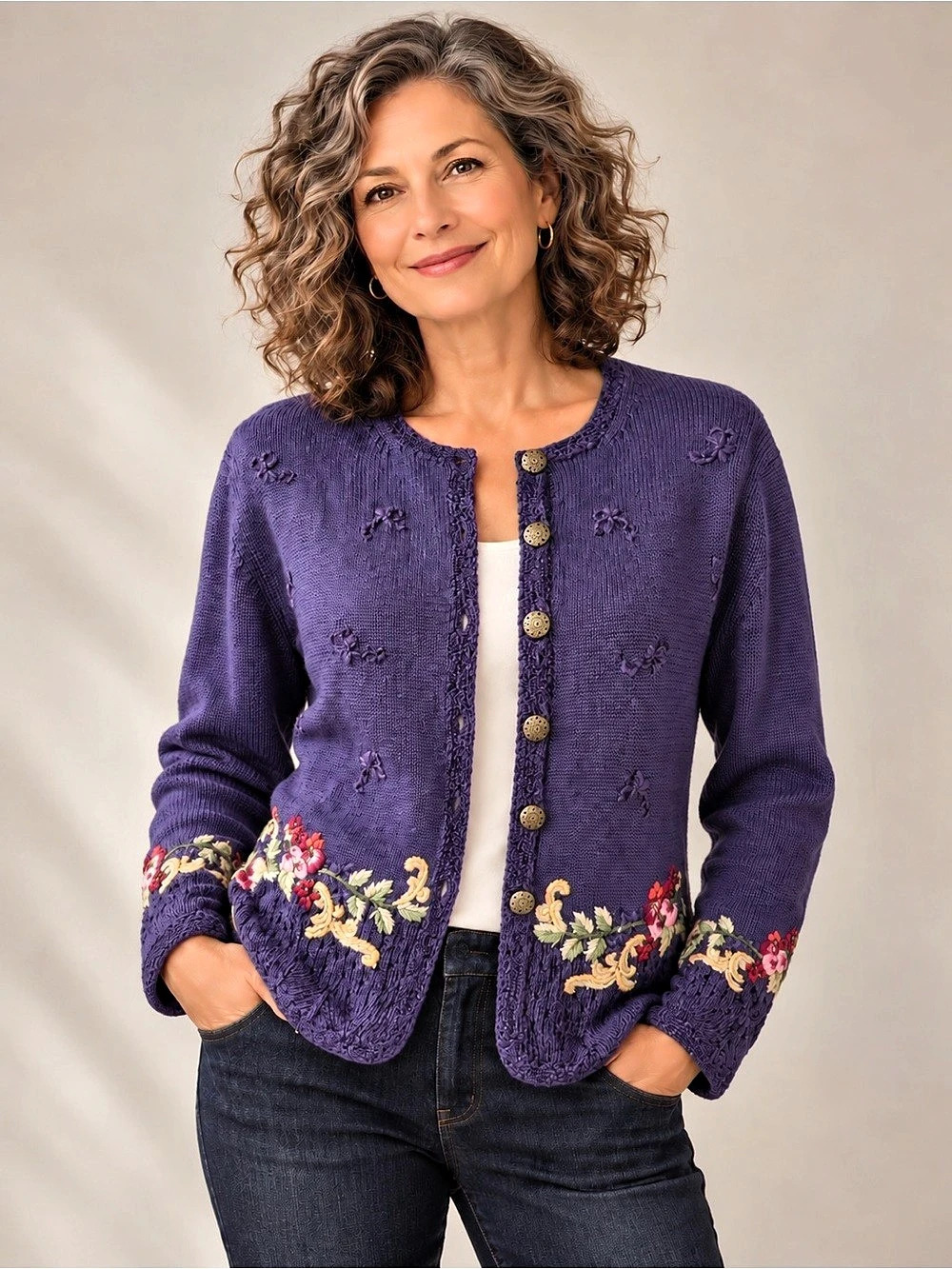 Vintage Susan Bristol Wool Blend Hand Embroidered 1995 Purple Sweater Size M